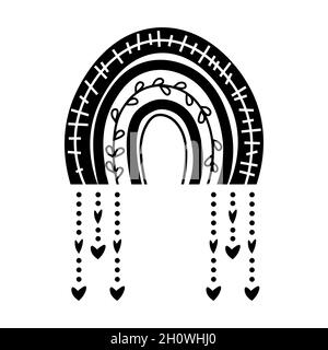 Black and white boho rainbow in hand drawn style. vector illustration isolated on white background. Element of weather, symbol of nature, esoteric obj Stock Vector