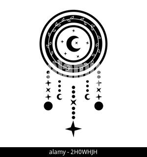 Dream catcher with crescent moon in black and white. Vector tribal illustration in boho style isolated on white background. Stock Vector