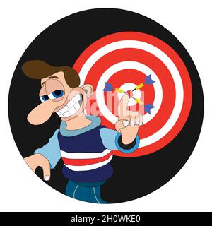 Man with a cheeky smile and big nose pointing at a dart board with 3 darts hitting bullseye round sticker label Stock Vector