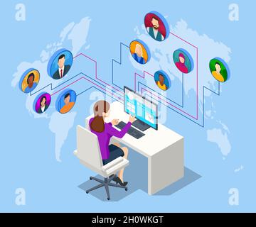 Isometric Social Network Concept. Chatting Mobile Application. Management, Consulting and Marketing. Stock Vector