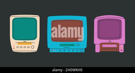 Old TV with VCR. Black and white TV with video recorder. Set of isolated retro elements on a black background. Stock Vector