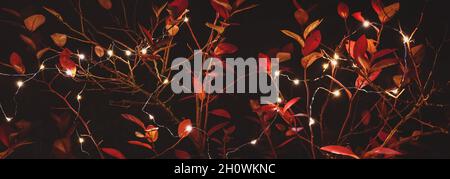 Red background with illuminated lights of garland Stock Photo - Alamy