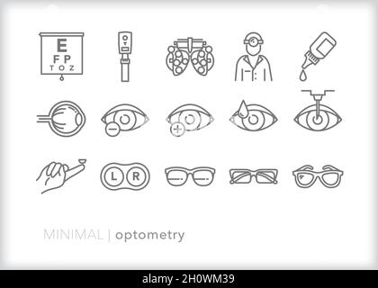 Set of optometry icons for an optometrist doing an annual eye exam looking at vision health Stock Vector