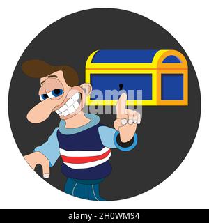 Man with a cheeky smile and big nose pointing at a treasure chest round sticker label Stock Vector