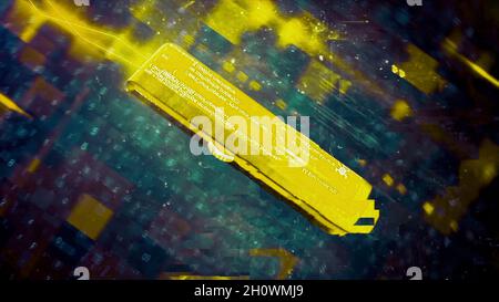 Abstract animation of golden usb flash drive with virus inserting in the laptop and hacking the factory system. Hacking software Stock Photo