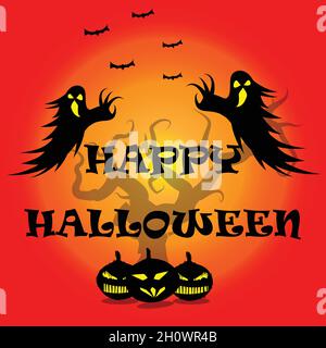Happy Halloween vector design. Design in bat, spiders, and pumpkins. Concept Element for posters, banners, invitations, background decorations. Stock Vector