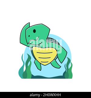 Funny Turtle Tortoise Swimming Diving Underwater Sea Exotic Reptile Cartoon Stock Vector