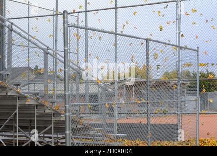 Fall golden autumn leaves blown against chain link fence of baseball and softball field in Wheat Ridge Prospect Park in Colorado Stock Photo