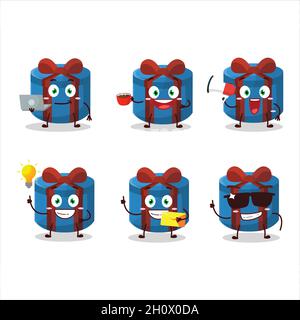 Blue round gift cartoon character with various types of business emoticons. Vector illustration Stock Vector