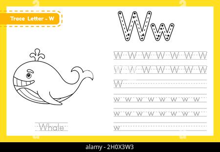 Trace letter W uppercase and lowercase. Alphabet tracing practice preschool worksheet for kids learning English with cute cartoon animal. Coloring boo Stock Vector