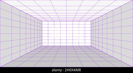 3d Grid perspective laser room in technology style. Virtual reality tunnel or wormhole. Abstract vaporwave background Stock Vector