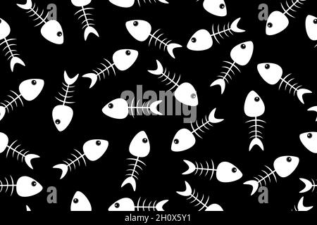 Fishbone seamless pattern isolated on black background. Repeat fish skeleton print. Fish bone white silhouette simple design.Organic waste mark.Vector Stock Vector