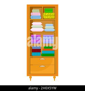 Closet with bedding isolated on black background. Shelf with blankets, duvets, sheets, pillows and towels. Chests of drawer for bed clothes. Vector Stock Vector