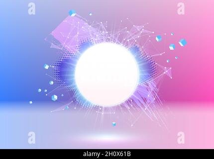 Abstract pink and blue vaporwave styled background with shiny neon frame, brush stroke, halftone blot and triangular dotted grid. Stock Vector
