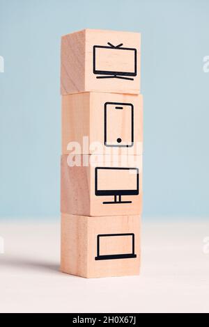 TV or television concept on different devices. computer, TV and smartphone icons Stock Photo