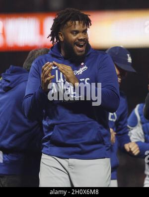 San Francisco, USA. 15th Oct, 2021. Los Angeles Dodgers Kenley Jansen celebrates after the Dodgers beat the San Francisco Giants in game 5 of the National League Division Series at Oracle Park on Thursday, October 14, 2021 in San Francisco. The Dodgers beat the Giants 2-1 to win the National League Division Series. Photo by George Nikitin/UPI Credit: UPI/Alamy Live News Stock Photo