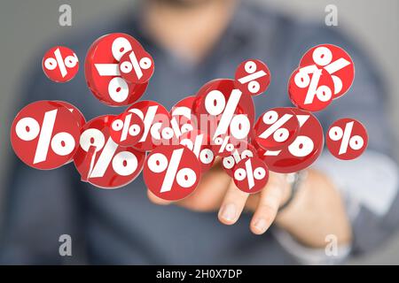 Person presenting the virtual projection of percent signs - sale or discount concept Stock Photo