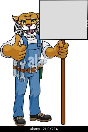 Wildcat Cartoon Mascot Handyman Holding Sign Stock Vector