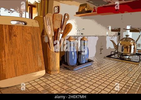 Illustration of kitchen counter with wooden chopping board and utensils Stock Photo