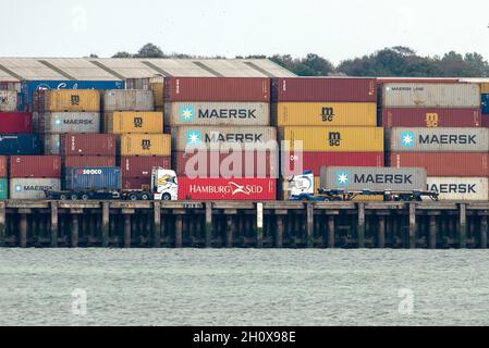 14/10/2021. Felixstowe, UK. The Port of Felixstowe has had to turn away ships from Asia because of a backlog of containers not being distributed due to the  shortage of HGV drivers. AP Moller-Maresk, the worlds largest container company has had to load containers onto smaller ships bound for the UK. This is having a disruptive effect as the shipping industry enters the pre-Christmas period of delivery with a possible shortage of Christmas goods being sold in the UK.