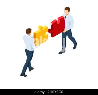 Isometric people connecting puzzle elements. Business teamwork, cooperation, partnership. Team work, team building, corporate organization. Puzzle Stock Vector