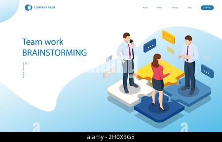 Isometric people connecting puzzle elements. Business teamwork, cooperation, partnership. Team work, team building, corporate organization. Puzzle Stock Vector