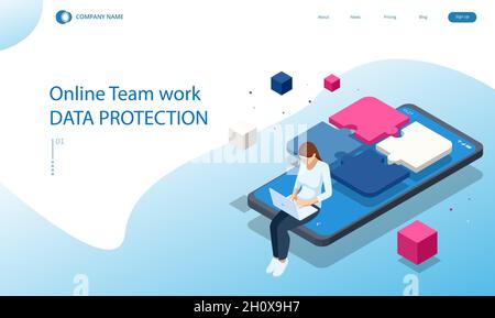 Isometric people connecting puzzle elements. Business teamwork, cooperation, partnership. Team work, team building, corporate organization. Puzzle Stock Vector