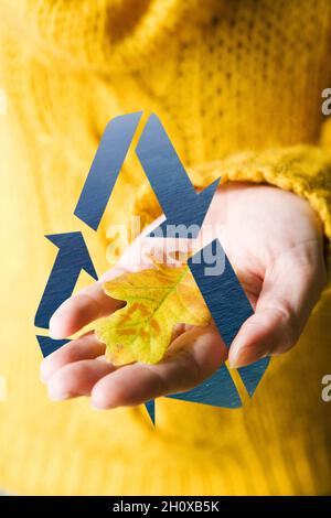 A woman holding an autumn leaf, Sweden. with digital symbols Stock Photo