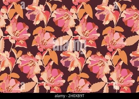 Vector floral seamless pattern. Pink flowers, orange leaves. Stock Vector