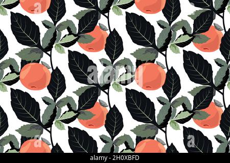 Vector vegetable seamless ornament with tangerines. Orange fruits with dark green leaves Stock Vector