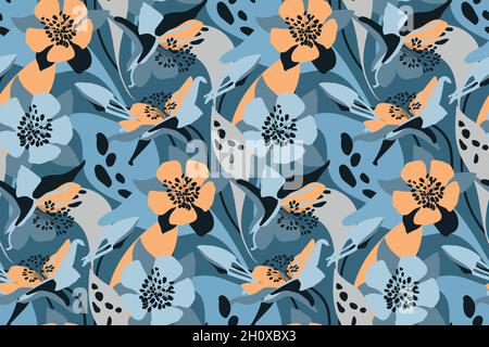 Vector floral seamless pattern. Flower background. Orange, blue flowers. Stock Vector