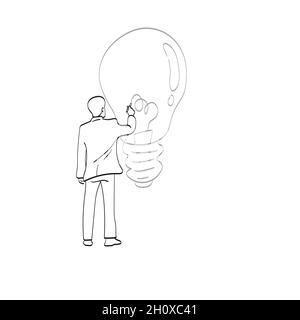 line art businessman drawing big light bulb on the wall illustration vector isolated on white background Stock Vector