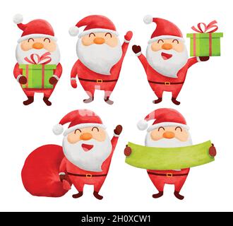 Set of christmas santa claus illustrations isolated on white. Watercolor santa claus christmas and new year character. Stock Vector