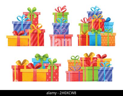 Set of gifts boxes isolated on white. Watercolor christmas and new year set with gift boxes. Stock Vector