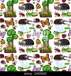 Seamless pattern with many different insects character illustration Stock Vector