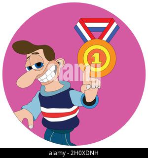 Man with a cheeky smile and big nose pointing at a gold medal round sticker label Stock Vector