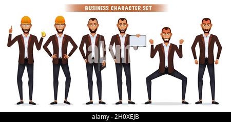Businessman boss character vector set. Business man engineer employee characters with hard hat isolated in white background for manager job worker. Stock Vector