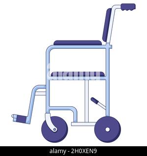 Vector icon of aid mobility, blue hospital wheelchair in a flat style isolated on a white background. Stock Vector