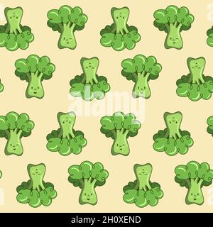 Seamless pattern cute cartoon character broccoli vegetable green, tiles for decoration textile or childish goods Stock Vector