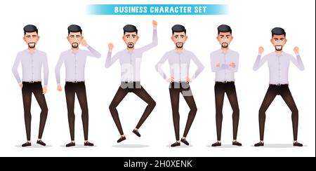 Businessman characters vector set. Business man boss characters in standing pose with happy, angry, cheerful and serious facial expression for office. Stock Vector