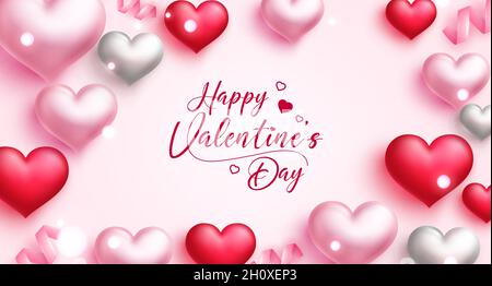 Valentines greeting vector background design. Happy valentine's day typography text in pink space with cute hearts shape elements for valentine love. Stock Vector