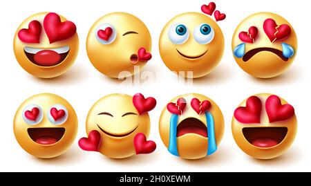 Emoji valentines in love vector set. Emoticons characters in yellow faces with hearts element in lovely and happy emotions and reaction for emojis. Stock Vector