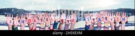 Hands, Kinderrechte Staerken Means Strengthen Children Rights, Winter Background Stock Photo