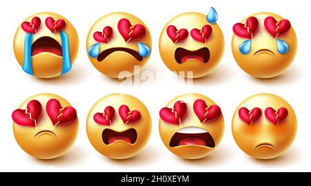 Emojis broken hearted vector set. Emoji characters in sad, crying and broken hearts yellow faces reaction and expressions for valentines character. Stock Vector