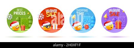 Set of winter sale tags with smiles in Santa hats and 3d illustration of shopping bag and Christmas elements Stock Vector