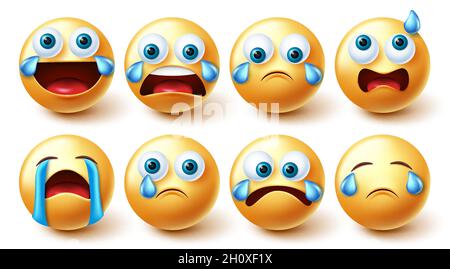 Emoji crying characters vector set. 3d emojis characters in crying, laughing out loud and confused graphic face collection for emoticons mood facial. Stock Vector