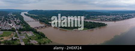 An aerial view of the towns of Northumberland and Sunbury along the Susquehanna River in Pennsylvania. Stock Photo