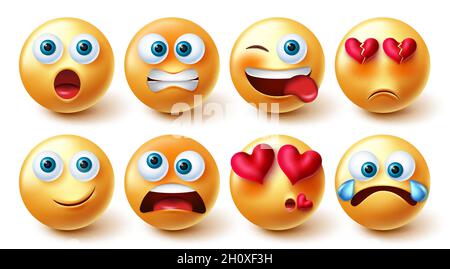 Emojis character vector set. Emoji in yellow face with funny and in love faces collection for emoticon graphic facial reaction and expressions design. Stock Vector