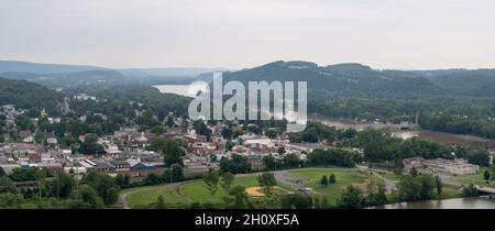 An aerial view of the town of Northumberland and the Susquehanna River in Pennsylvania. Stock Photo