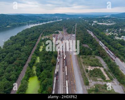 An aerial view of the train yards in Northumberland city. Stock Photo